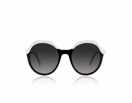Black and white subtle cat eye sunglasses for wide nose bridge low nose bridge and high cheek bones 