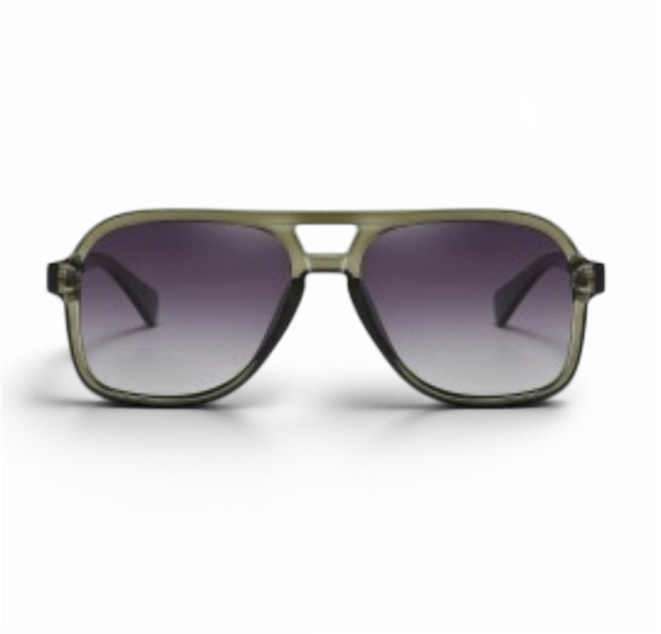 Aviator sunglasses for men and women with a green frame and gradient lenses on a white background
